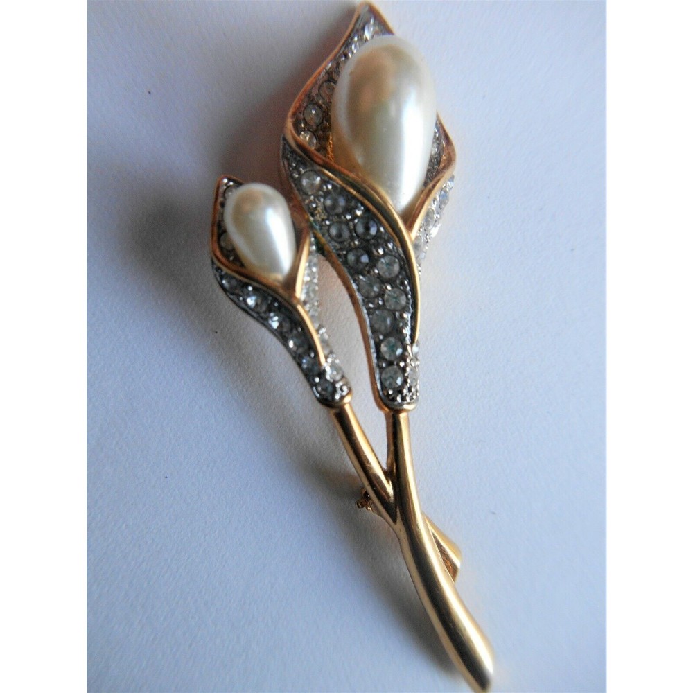Vintage Calla Lily Large Brooch Pin Gold Tone Faux Pearls Rhinestones Flowers